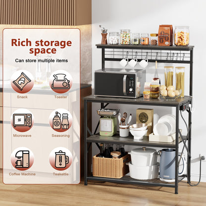 Furologee Kitchen Bakers Rack with Power Outlet, Microwave Oven Stand with Storage 4 Tiers, Coffee Bar Table with 6 S Hooks, Kitchen Storage Shelf Rack for Spices, Pots, Rustic Brown