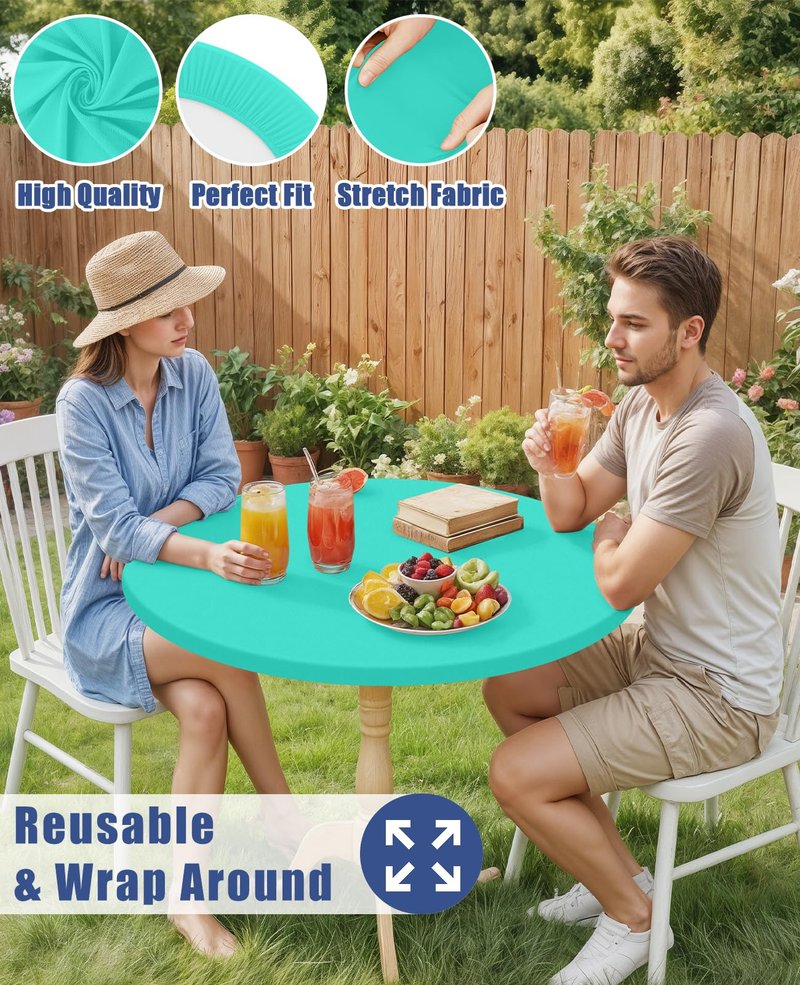 Moosfor Round Spandex Christmas Tablecloth, Elastic Fitted Waterproof Tablecloths for 45"-56" Tables, Stretch Washable Picnic Table Cover for Christmas Dinner, Dot Snowflake