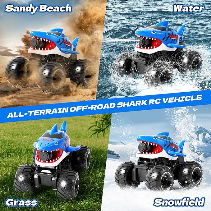 Gesture Sensing Amphibious Remote Control Shark Monster Truck with Water Squirt 4WD 1:16 RC Car All-Terrain Waterproof RC Tank Pool Toy Outdoor Summer Gifts for Kids Age 6+（With 2 Replaceable battery)