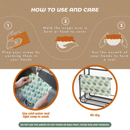 Akeeko Reusable Beeswax Food Wraps - Assorted 9 Packs, Reusable, Plastic-Free Food Storage, 5 Small, 2 Medium, 1 Large Wraps, 1 Extra Large with Tropical Leave Pattern