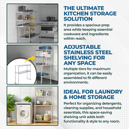 KPS Stainless Steel 2-Tier Overshelf – 14" x 48" NSF Certified Adjustable Double Shelf for Commercial Kitchen Prep Tables