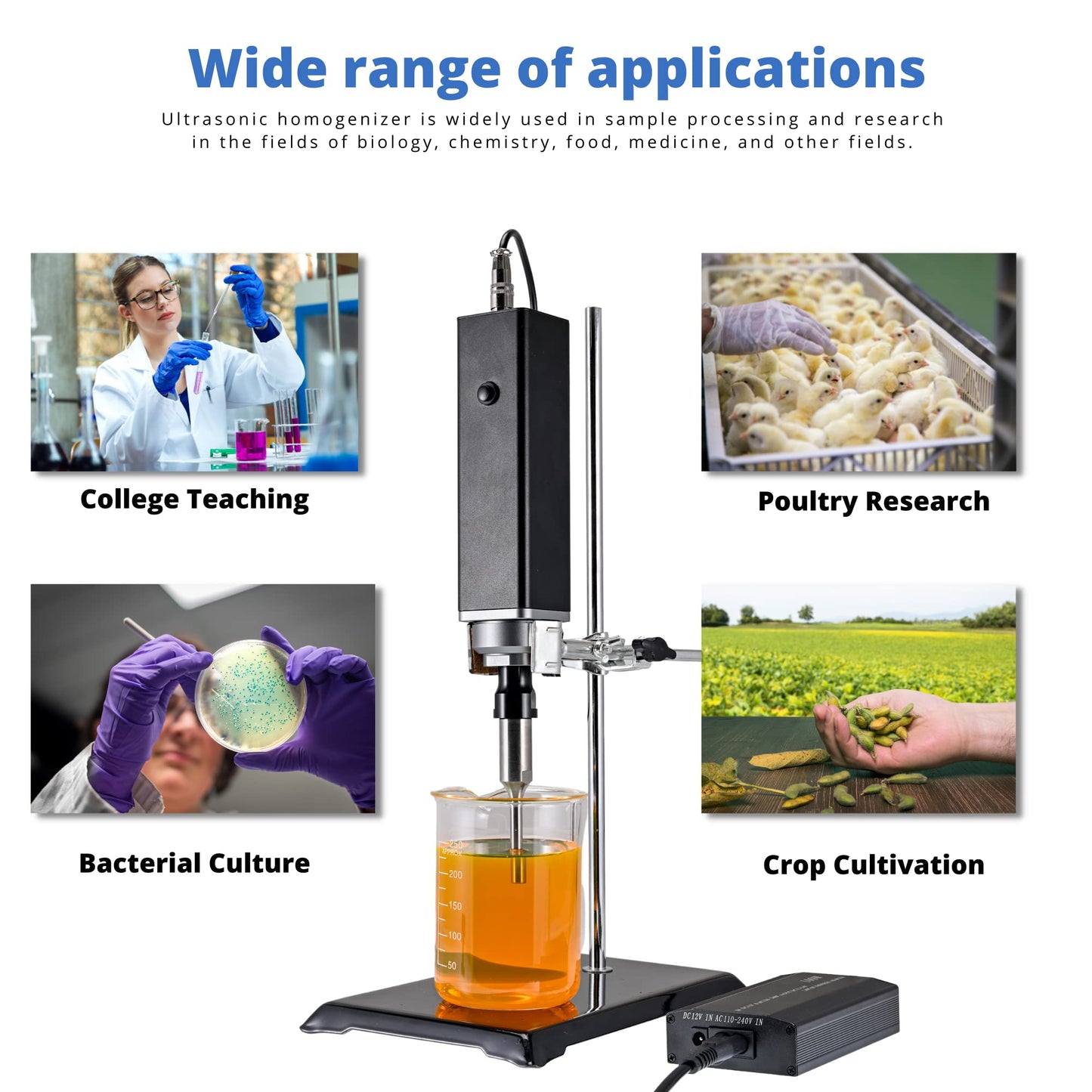 100W Handheld Ultrasonic Homogenizer Portable Emulsifier Sonicator Processor Mixer with Stand 6mm Probe
