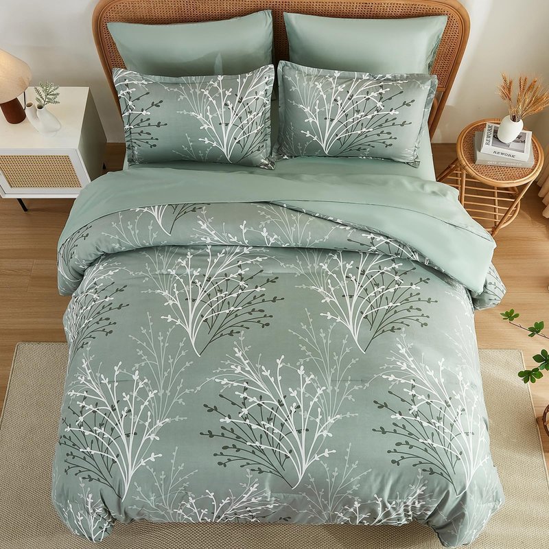 DJY Sage Green Comforter Set Queen Size Branch Botanical 7 Piece Bed in a Bag Green Floral Bedding Sets, Soft Microfiber Branches Leaves Pattern Reversible Comforter Set for All Season (90''x90'')