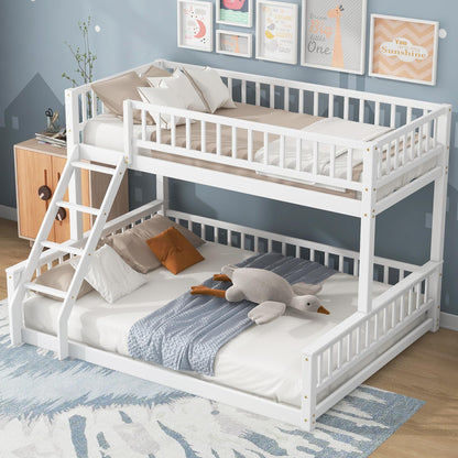 Merax Twin XL Over Queen Floor Bunk Bed with Ladder and Guardrails, Bedroom Wood Bunk Bed Frame for Kids/Teens/Youths/Adults, Space Saving & Noise Free, No Box Spring Needed, White