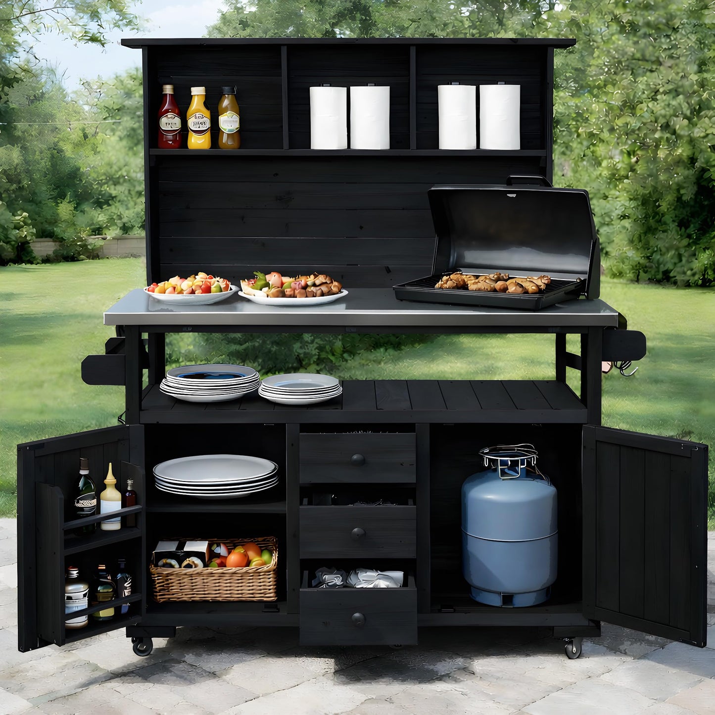 GDFStudio Preden Outdoor Storage Bench Table with Cabinet, Patio Wooden Potting Bench, Garden Storage Work Bench with Stainless Steel Top, Drawers, Cabinets, Shelves and Hooks, Kitchen Island, Black