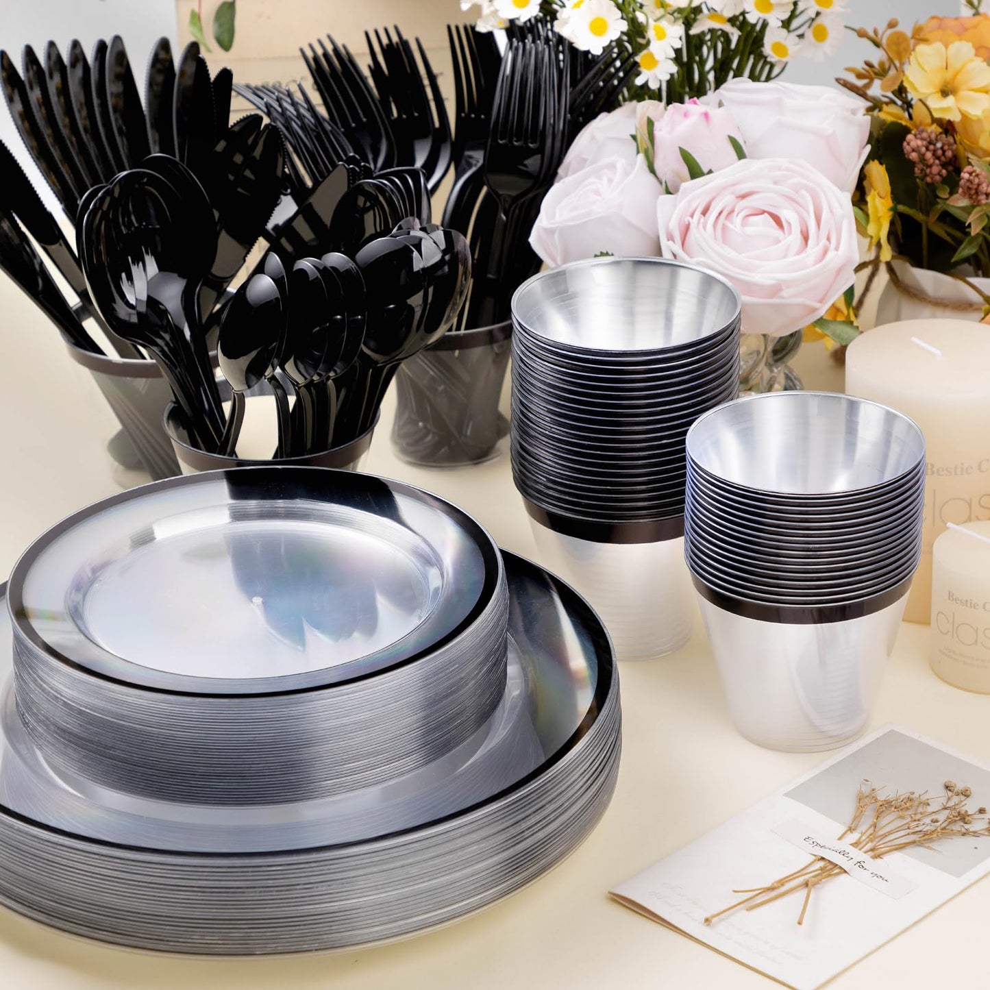 Beststar 350PCS Black and Clear Plastic Dinnerware Sets for 50 Guests, Include 100 Black Disposable Plates, 100 Forks, 50 Knives, 50 Spoons, 50 Cups,Halloween