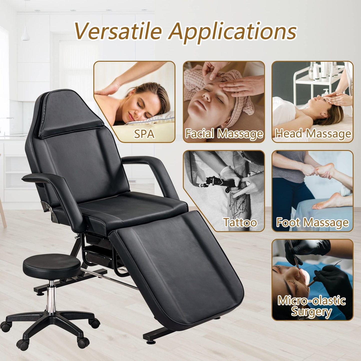 Massage Bed, Spa & Salon Chair, Tattoo Chair w/Hydraulic Stool Spa Equipment Spa Beds Salon Spa Tattoo Bed, Adjustable Beauty Salon SPA Massage Bed Tattoo Chair,Barber Chair Salon Chair Hair Stylist