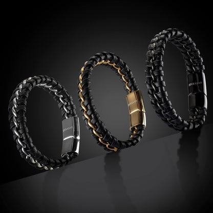 SERASAR 8″ Gold Leather Bracelets for Men Mens Cowhide Gift Box Braided Bracelet Stainless Steel Jewelry Wrist Band Cuff Wrap Rope Bangle Dad Man Pulseras para Hombres Cuero Regalo
