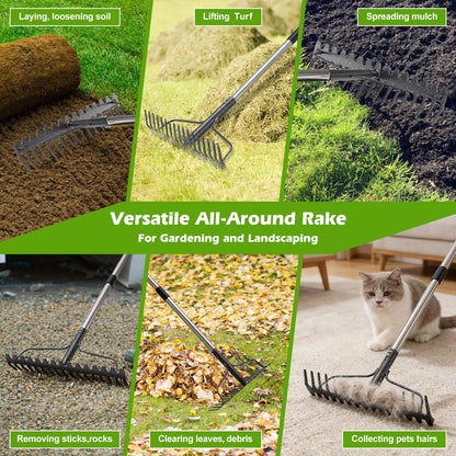 63" Bow Rake,Heavy Duty Metal Garden Rake for Moving Gravel Loosening Soil Leveling Ground Gathering Leaf Debris Spreading Mulch, 17 Tines,Adjustable Handle, for Lawn Garden Farm Landscape Work