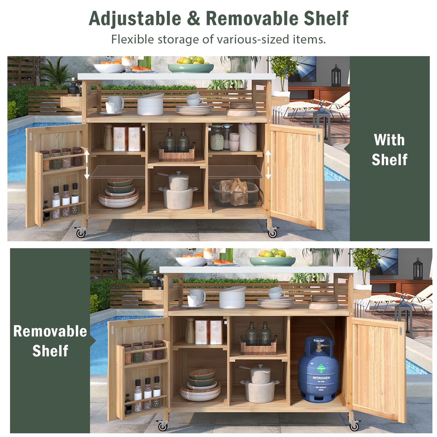 eodme Outdoor Cabinet for Patio Graden BBQ Grill Cart with Storage Cabinet, Home Rolling Kitchen Island Food Prep Table with Stainless Steel Top, Shelves, Spice Rack, Towel Rack(Natural Wood)