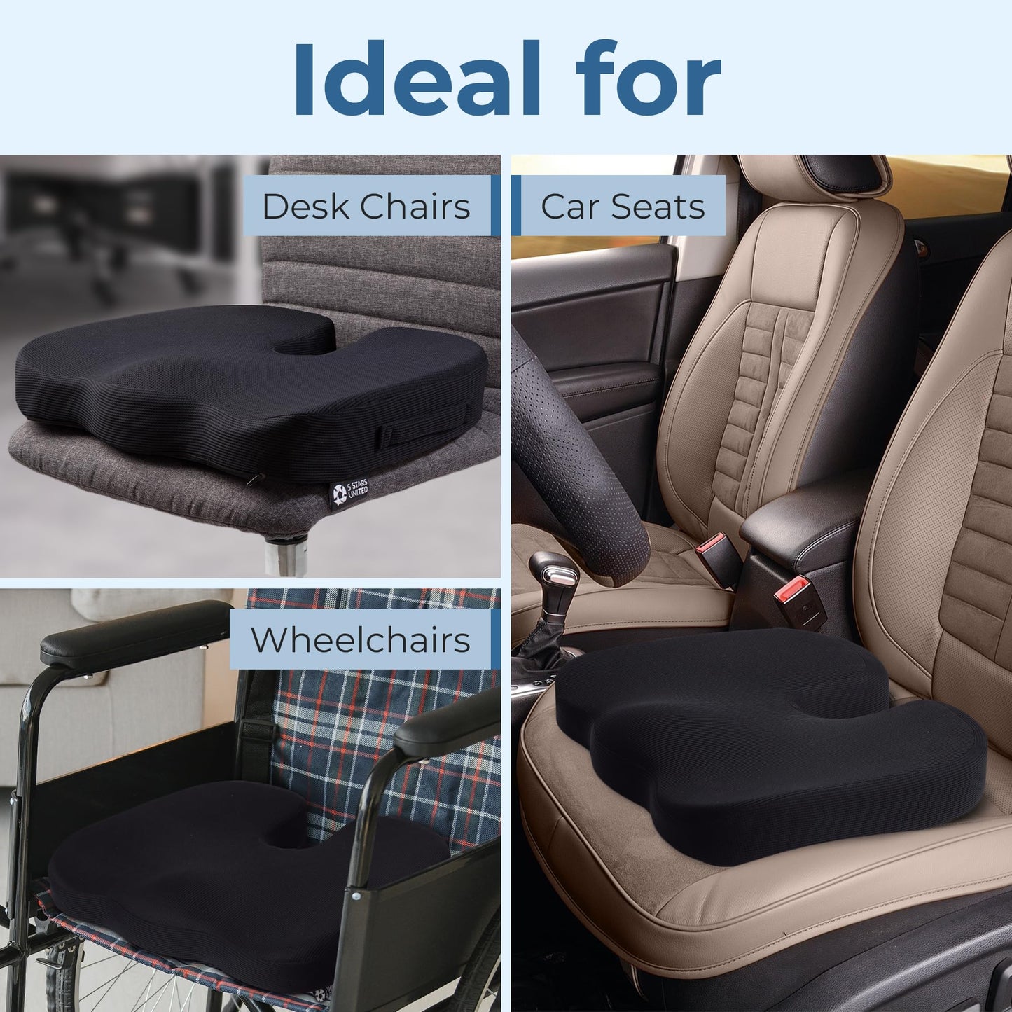 5 STARS UNITED Seat Cushion for Tailbone Pain Relief – Memory Foam Lifting Pillow for Coccyx, Hip, Hemorrhoid, Sciatica & Post-Surgery Recovery – Wheelchair, Car, Desk, Gaming & Office Chairs, Black