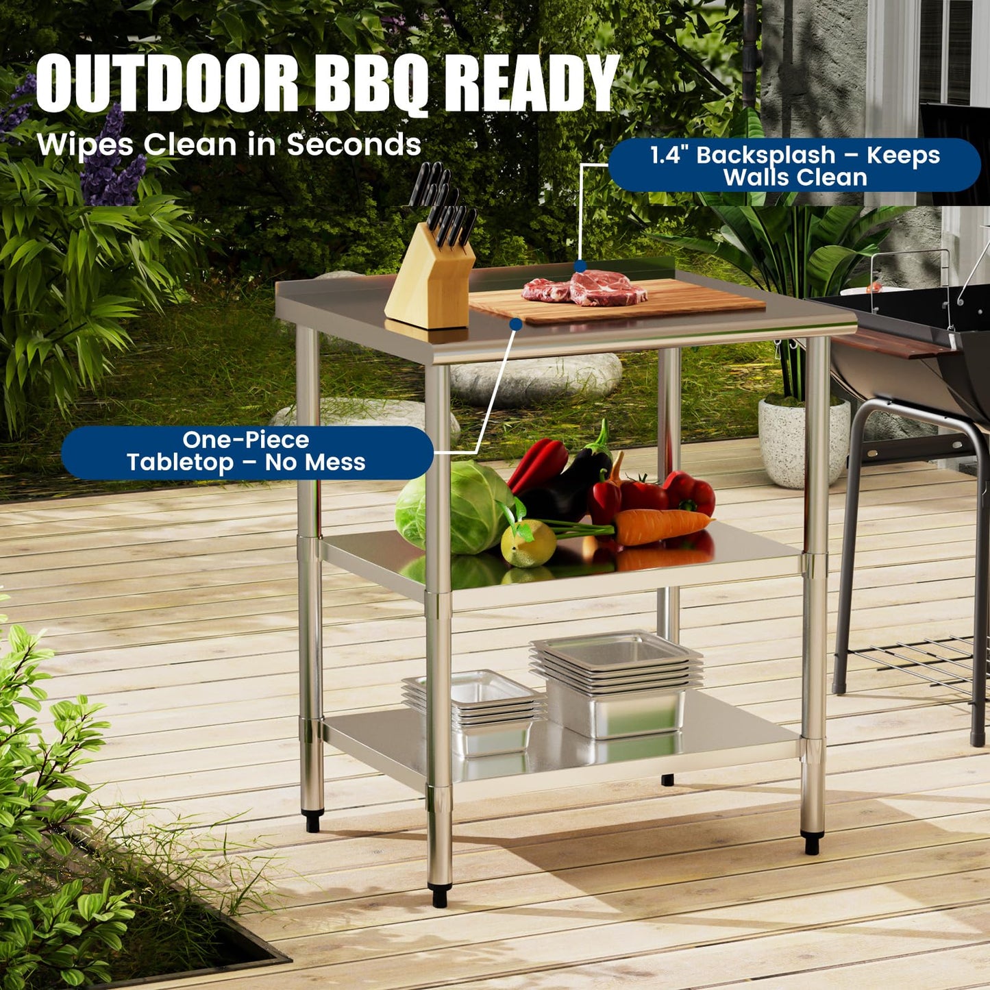 Chingoo Stainless Steel Work Table 24x30 Inch with 2 Adjustable Undershelves & Backsplash, Heavy-Duty Prep Table for Commercial Kitchen, Restaurant, Garage, Outdoor