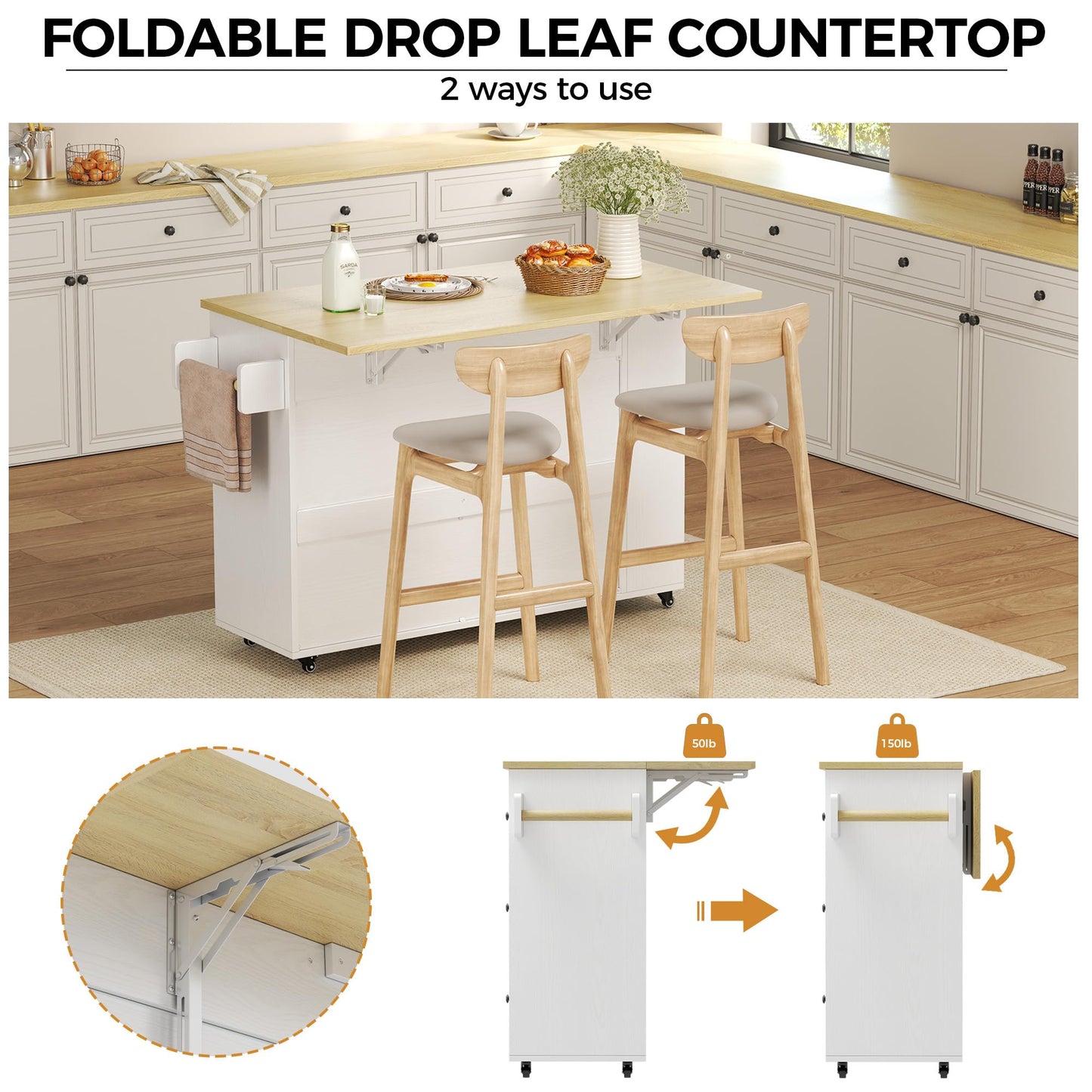 IRONCK Kitchen Island with Storage, 47.2in Rolling Island on Wheels, Kitchen Cart with Drop Leaf, 3 Spacious Drawers, Storage Cabinets and Towel Rack for Home, Dining Room