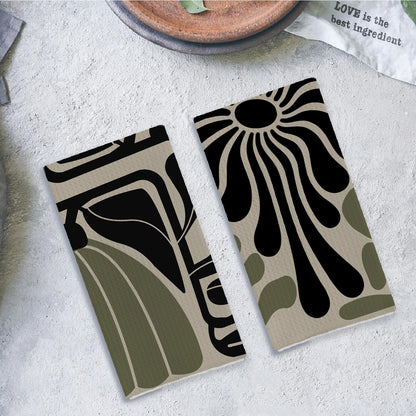Qpenm Sage Green Groovy 70s Retro Kitchen Towels Set of 2 - Boho Floral Dish Towels for Kitchen, Boho Hand Towels for Bathroom, Boho Sage Green Bathroom Kitchen Decor, 16x24 Inches