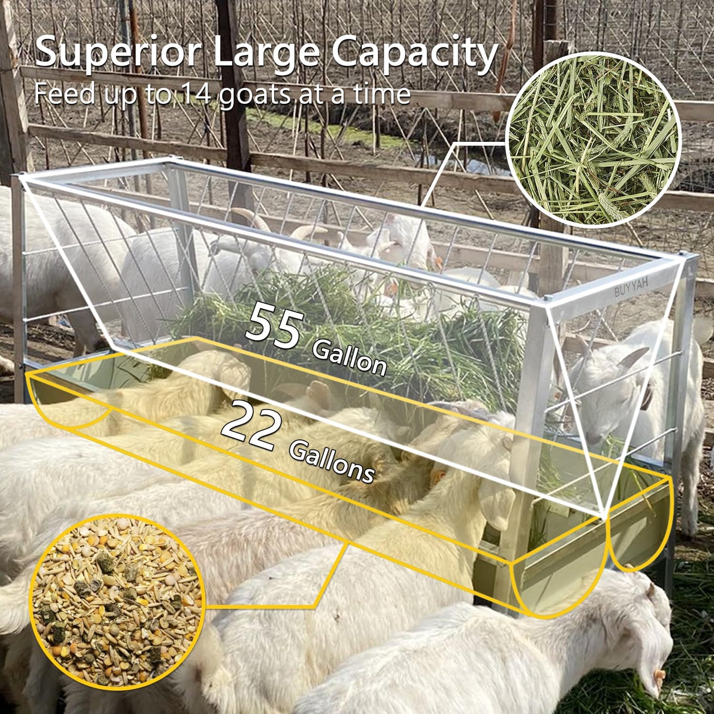 BUYYAH Stainless Steel Pasture Feeder, 5-Feet, 77 Gallon Capacity Livestock Feeder with Deeper Feeding Pan, Easy to Assemble and Carry, Feeding Goats, Sheep and Ponies, for Farms, Sheep Sheds