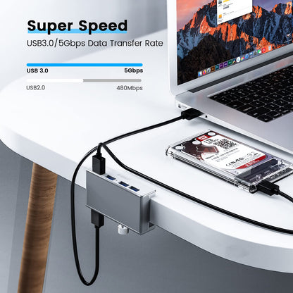 ORICO USB 3.0 Hub, USB Hub Clamp, Aluminum 4-Port USB Splitter with Extra Power Supply Port and 4.92 FT USB Data Cable, Desktop Powered USB Hub for Monitors/Desks-Black (Without Power Adapter)