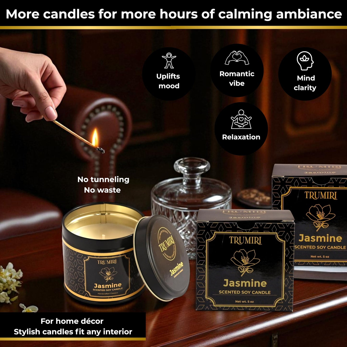 Jasmine Candle Strong Scented Soy Candel Clean Non Toxic Velas Aromáticas for Women Gift for Diwali Pack of 3 5Oz Decorative Tin Jars with Lids