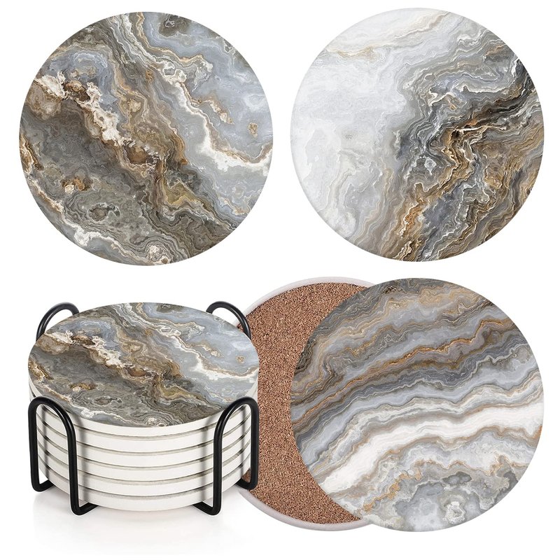 Britimes Coaster for Drinks Set of 6, Grey Marble Golden Stone Agate Table Absorbent Round Ceramic Stone Mat, with Cork Base and Metal Holder, Gift for Housewarming Room Bar Decor