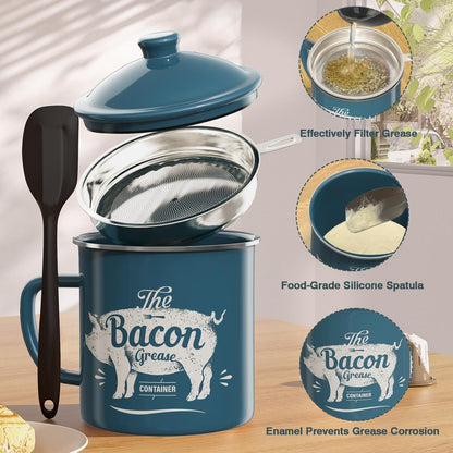 Bacon Grease Container With Strainer, 46OZ Large Enamel Grease Container, With Silicone Spatula, Farmhouse Bacon Grease Keeper, Cooking Oil Container For Kitchen Fat Storage, Dishwasher Safe-Blue