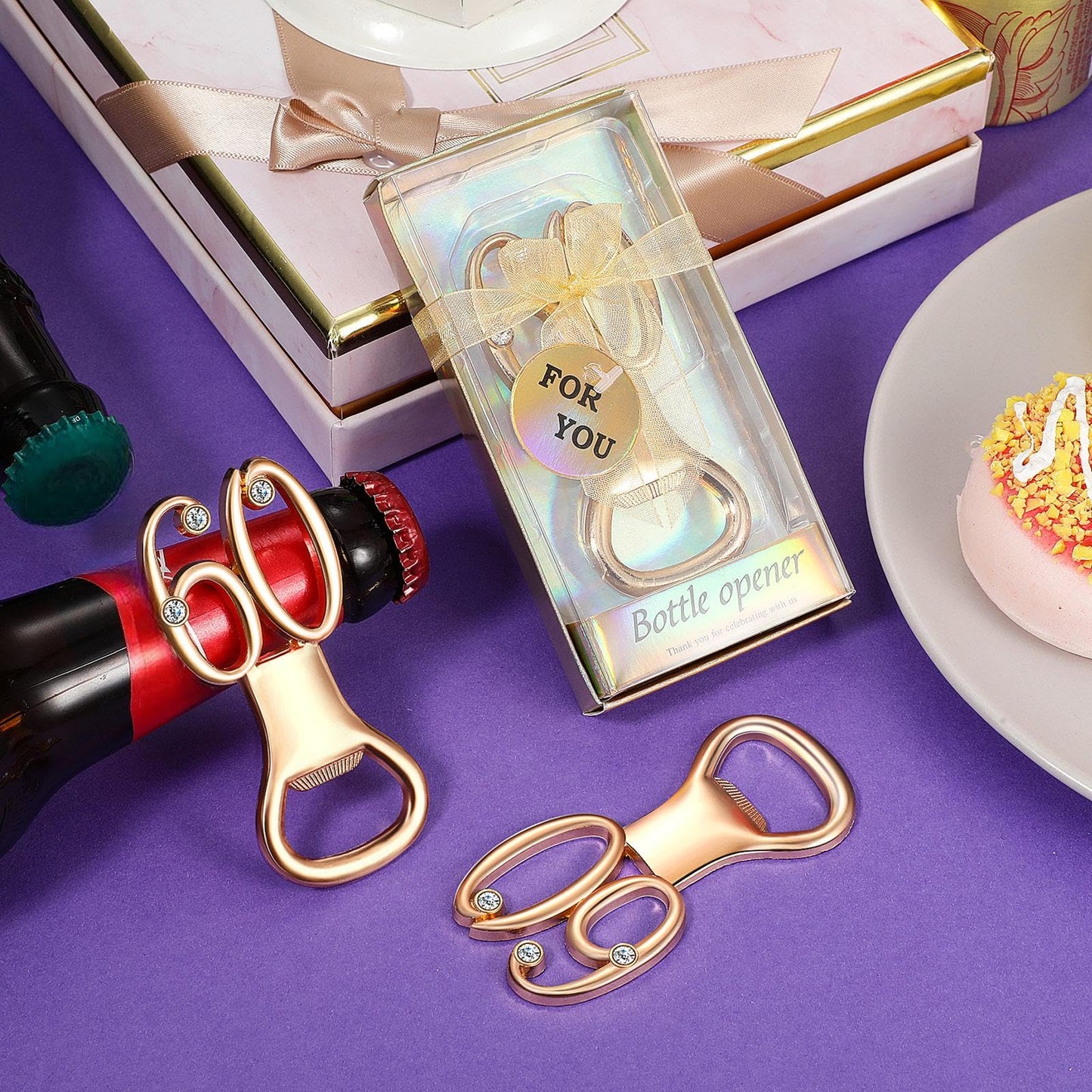 Boao 50 Pcs Birthday Bottle Opener Party Favors Rhinestones Birthday Souvenirs Wedding Anniversary for Guests Beer Opener Party Favors Decoration(Gold,60th Style)