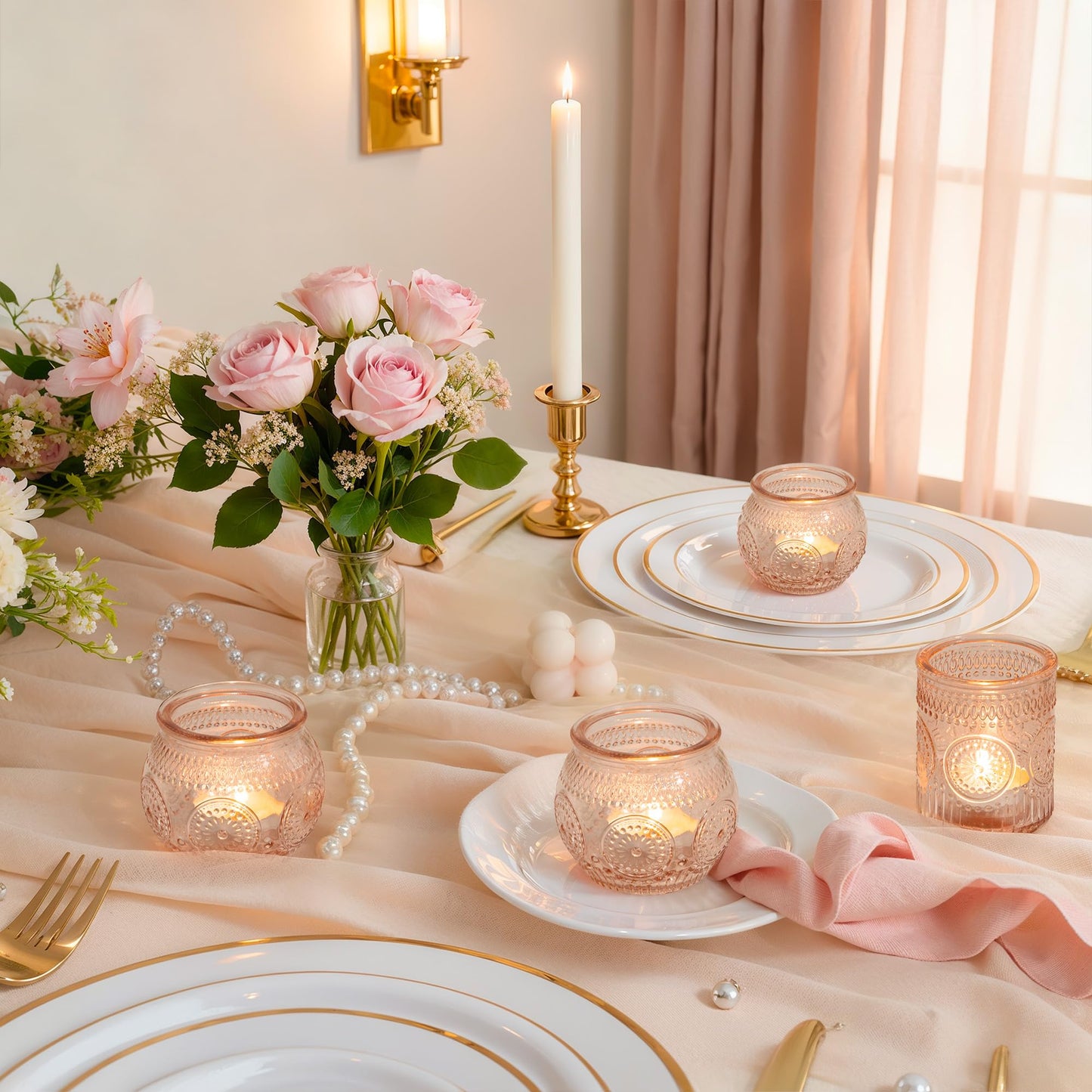 WELLIFE 24-Piece Pink Glass Votive Candle Holders Set – Tealight Candle Holder Glass Bulk with 12 Round & 12 Sunflower Textured Cups, Pink Votive Candle Holders for Weddings, Parties, Home
