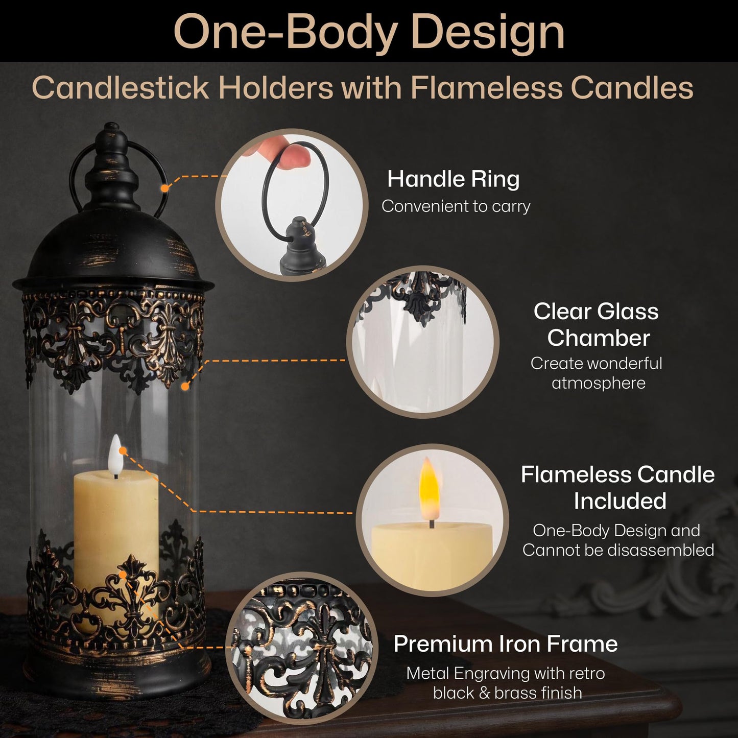 HiSnug Candlestick Holders with Flameless Candles - Gothic Vintage Hurricane Candle Holder, Portable Wind Lamp Barn Lantern Suspended Candleholders for Table Shelf Balcony Eaves, 2PCS, S+L, Black