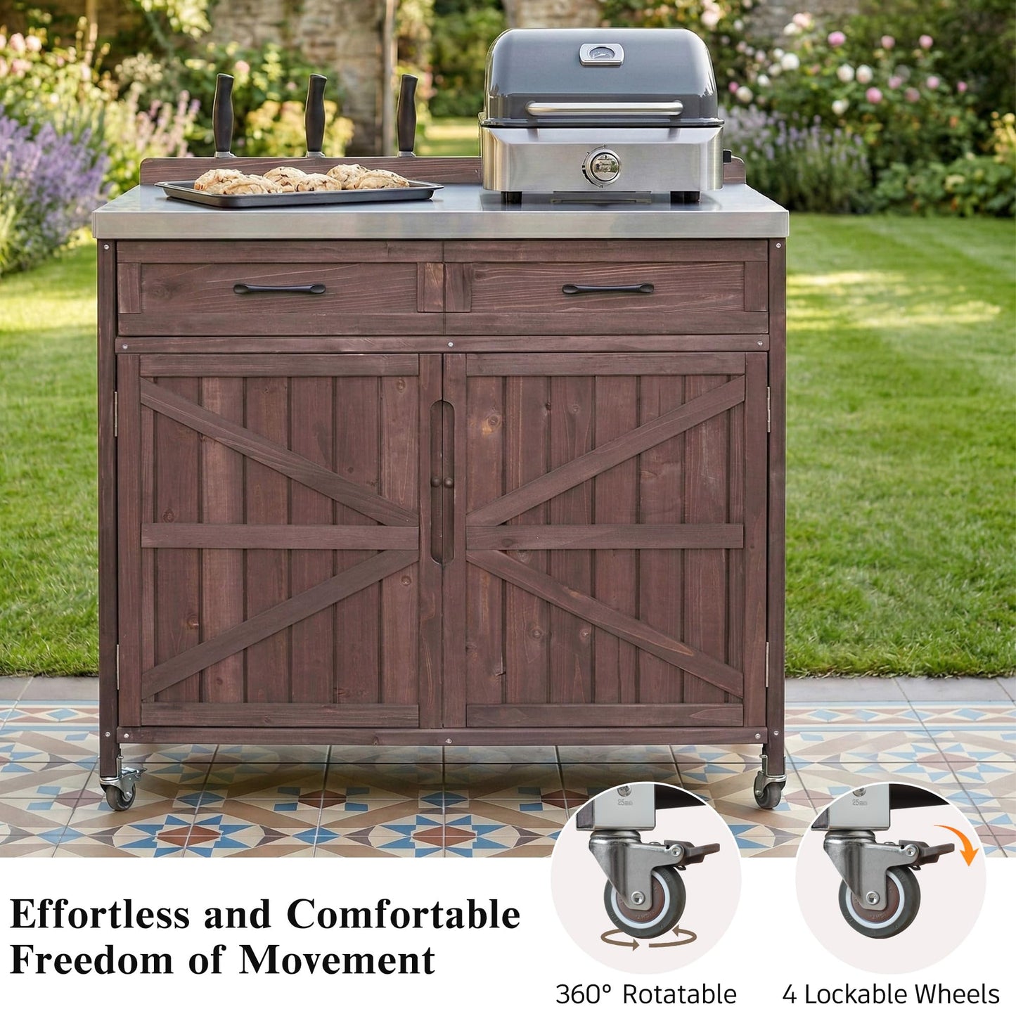 Merax Farmhouse 39.4" Grill Cart with Drawer, Storage Cabinet and Stainless Steel Top, Outdoor Grill Station w/Internal Racks & Lockable Wheels, Modular Kitchen Island for Food Prep & BBQ, Dark Brown