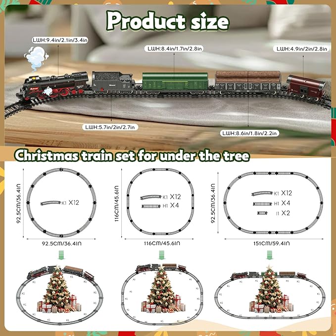 Christmas Electric Remote Control Train Set with Smoke Lights Sound Locomotive Cars and Remote Carriage 3 Smoke Outlets USB Rechargeable with Track Under Christmas Tree Gifts for Kids 3+