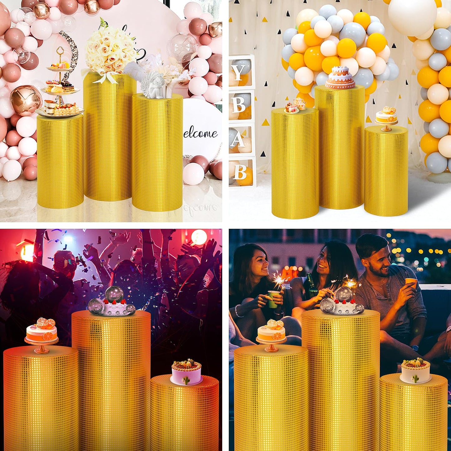 SaitiMade Set of 3 Gold Cylinder Pedestal Stand Covers, 3pcs Spandex Disco Cylinder Stand Covers for Party, Wedding or Birthday Event Decor (Only Contains Cylinder Covers)
