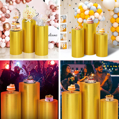 SaitiMade Set of 3 Gold Cylinder Pedestal Stand Covers, 3pcs Spandex Disco Cylinder Stand Covers for Party, Wedding or Birthday Event Decor (Only Contains Cylinder Covers)