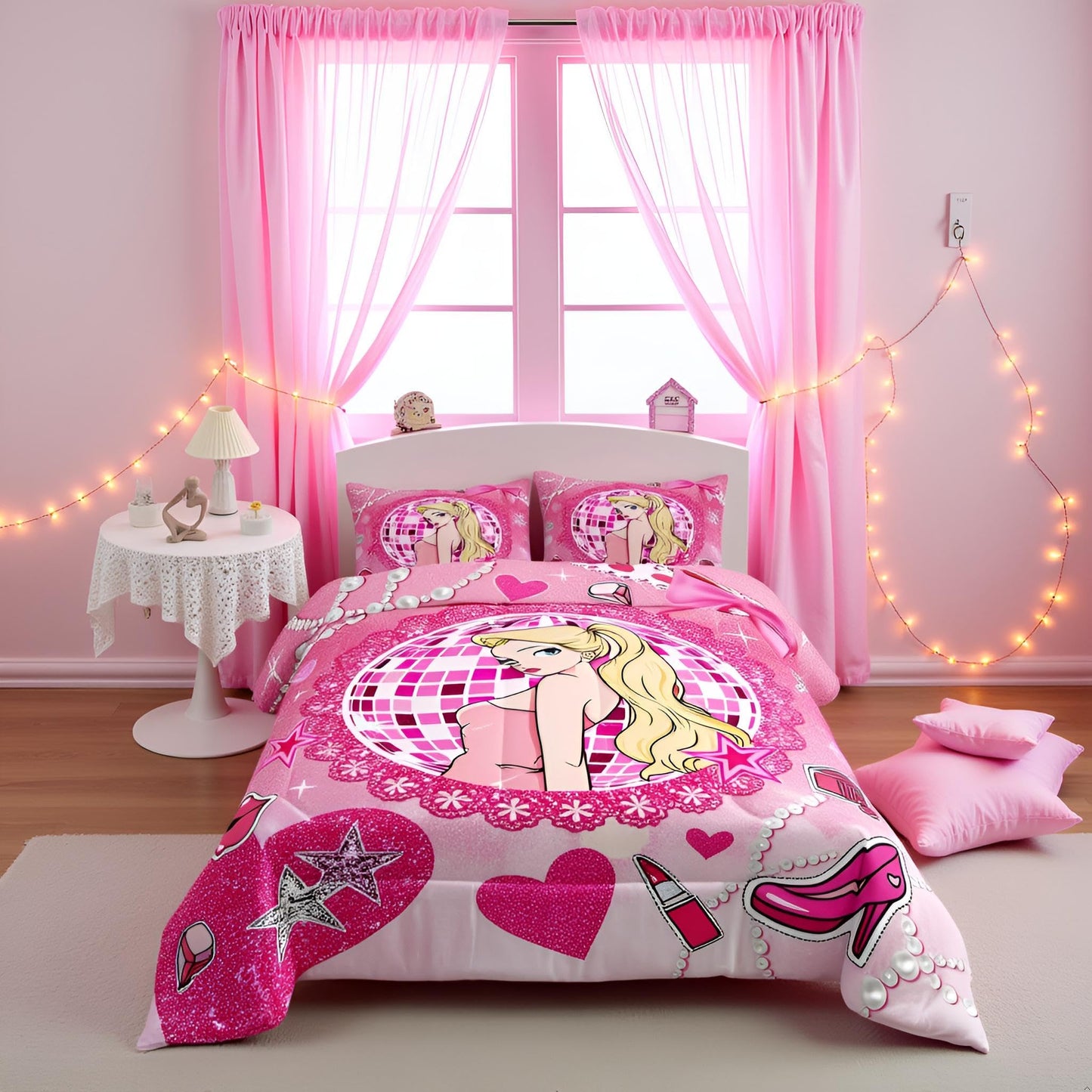 Pink Girly Princess Kids Comforter Set Full Size,High-heeled Shoes Lip Bowknot Romantic Bedding Set,Beauty Girls Room Decor,Glitter Sequin Diamond Down Comforter,Dreamy Duvet Insert,2 Pillowcases