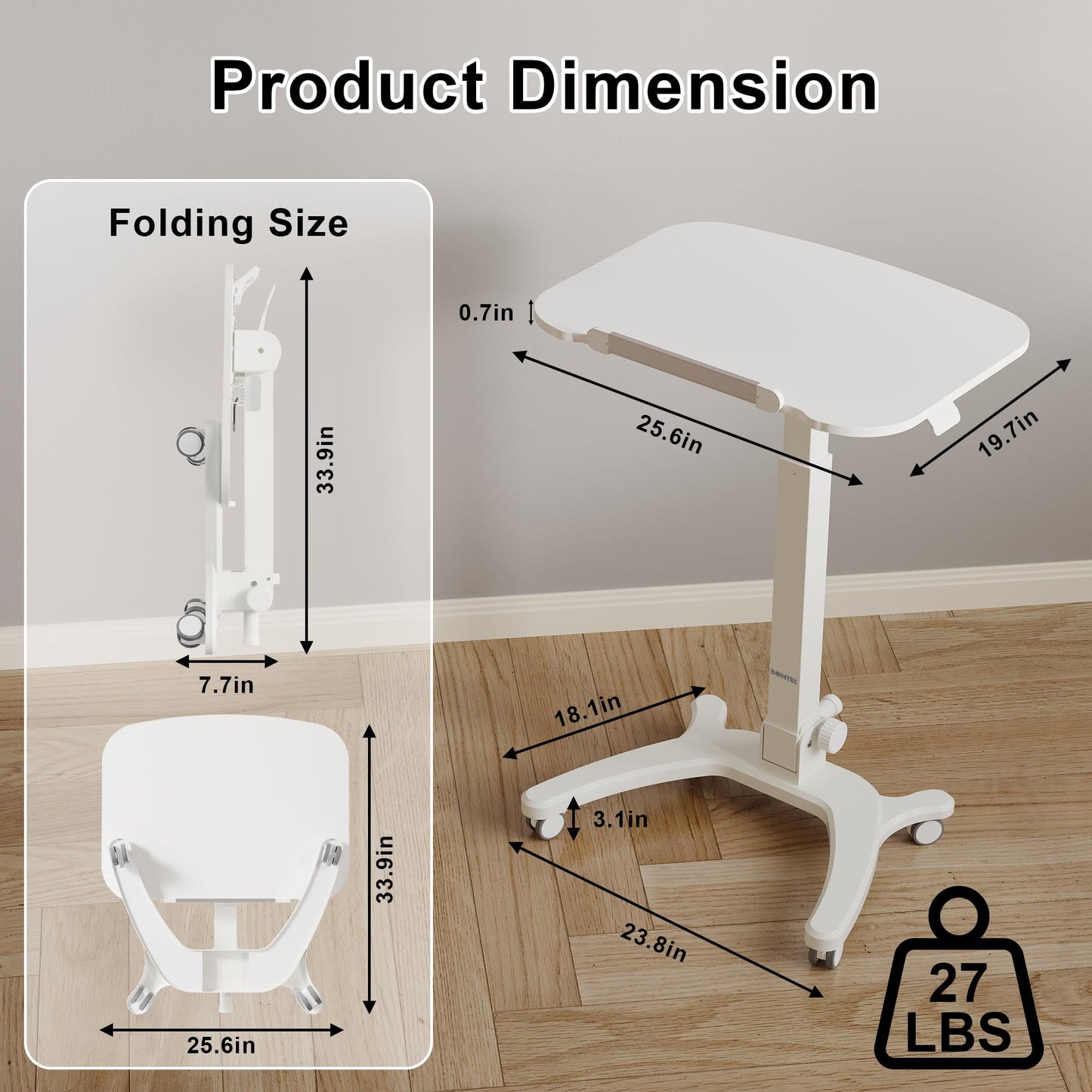 BONTEC Mobile Foldable Standing Desk, Portable Adjustable Height Desk with Gas Spring, Small Rolling Laptop Desk with Wheels for Home, Office, Bedroom, and Medical Use, 25.6" x 19.7" Desktop, White