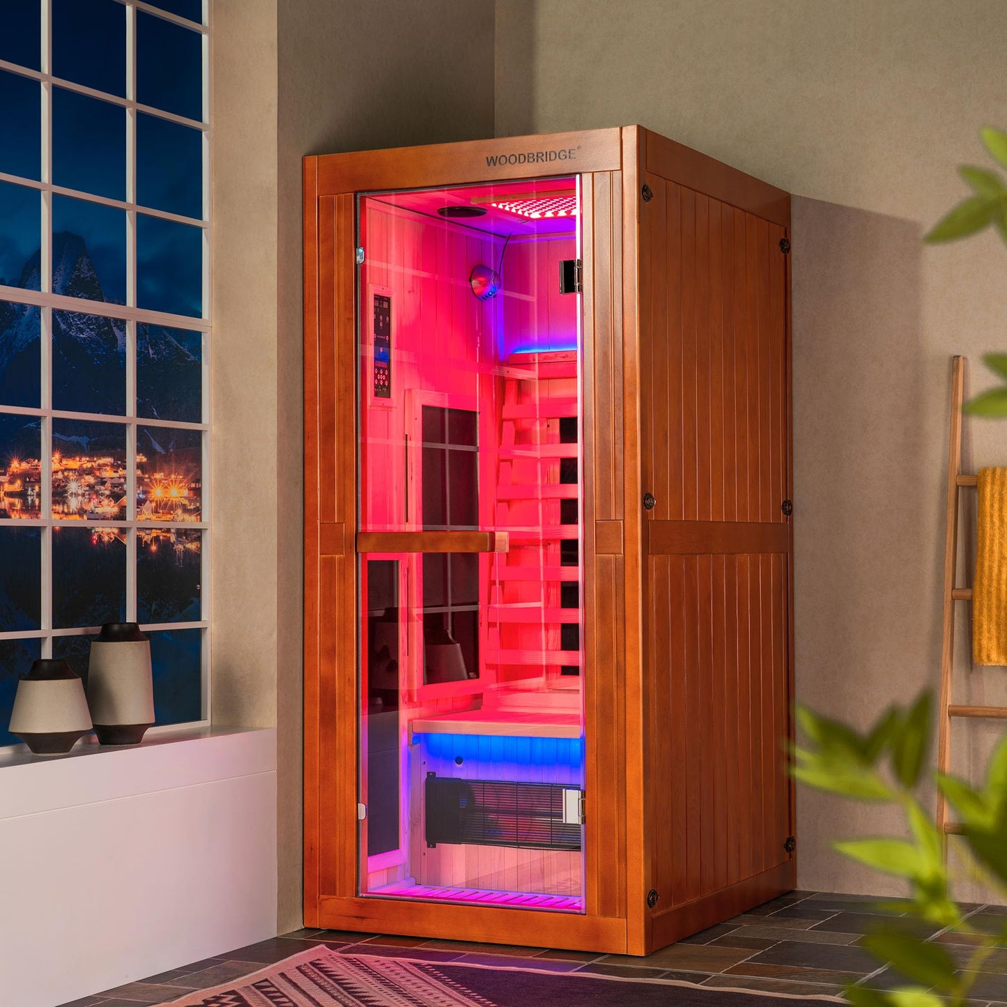 Woodbridge Infrared Home Sauna Room 1 Person Japanese Cedar Indoor Sauna with 7 Carbon Heaters, Red Light Therapy, Bluetooth Speaker, Intelligent Control Panel, Tempered Glass & Top Vent