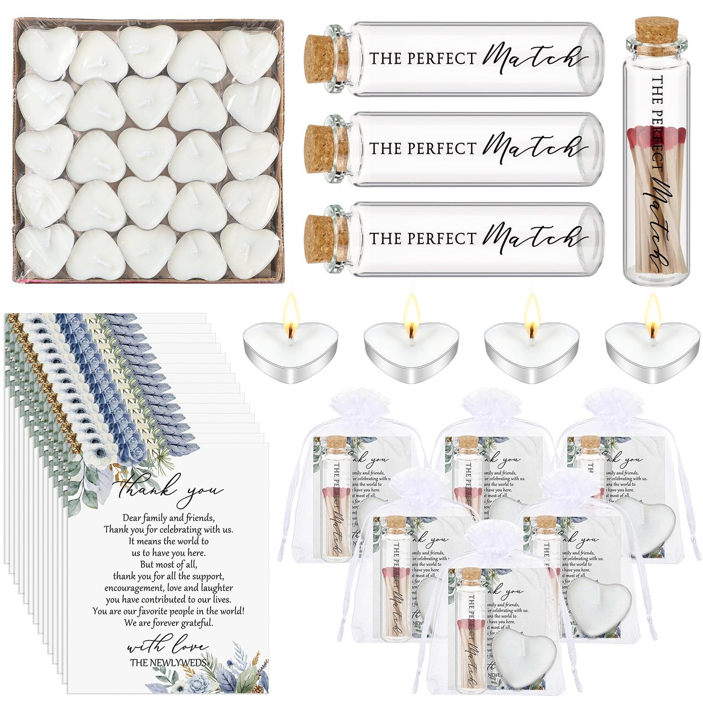 Wovnet 50 Sets Wedding Party Favors for Guests Bulk Including Heart Shaped Candles and Empty Matches Jars with Cork Top Thank You Cards and Organza Bags for Wedding Bridal Shower Party (Blue Flower)