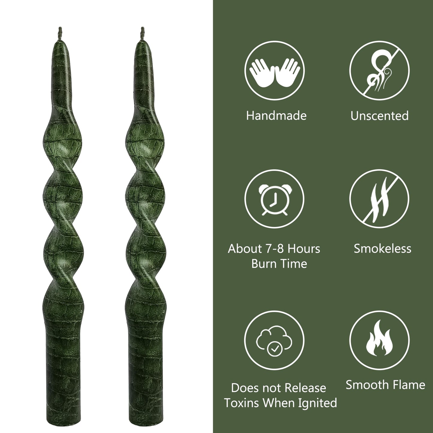 Snake Pattern Spiral Taper Candles Set of 2, 10 Inch Green Handmade Candle Stick, Unscented Twisted Candles, Tapered Candles for Wedding Dinner Home Decor Gift