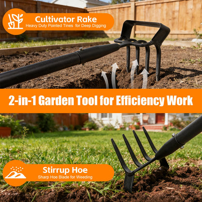 Garden Hoe, 62 Inch Weed Tool, Long Soil Tiller Cultivator, Heavy Duty Metal Stirrup Hoe Weeder Scraper Rake for Flower Beds, Patio, Garden Loosening Soil Weeding Digging