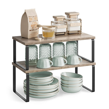 SONGMICS Cabinet Organizer Shelf, Set of 4 Kitchen Counter Shelves, Kitchen Storage, Spice Rack, Stackable, Expandable, Metal and Engineered Wood, Cloud White and Natural Beige UKCS010N01