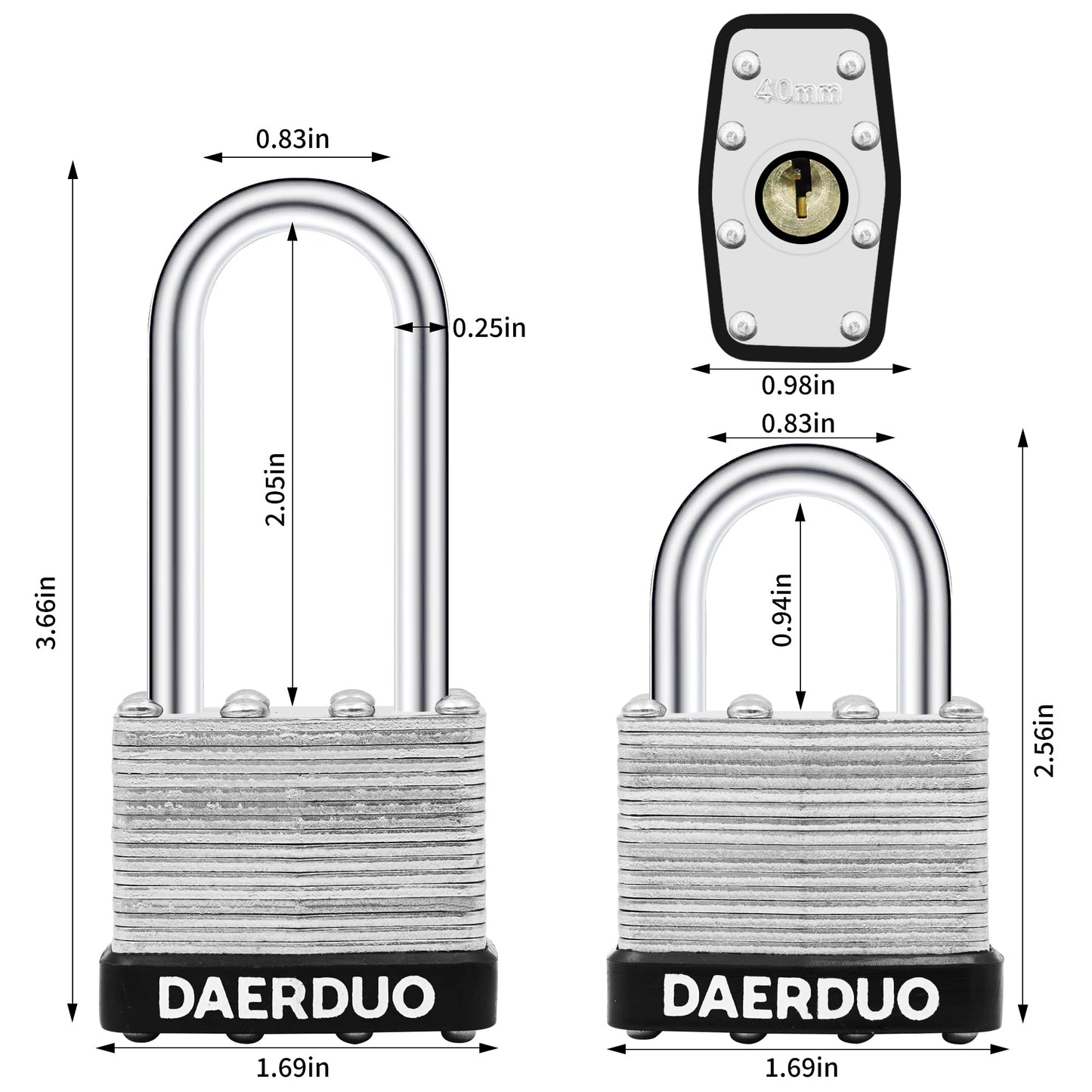 DAERDUO 48 Pack 40 mm (1-9/16") Keyed Alike Laminated Padlocks with 96 Keys, Hardened Steel Long Shackle, Heavy-Duty Locks for Gym Lockers, Toolboxes, School Lockers, and Hasp Latches