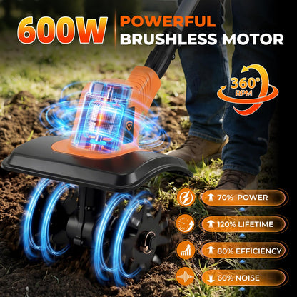 GEARPASS Cordless Electric Tiller Cultivator, 21V Battery Powered Garden Tiller with 2×4.0Ah Batteries, 9″ Tilling Width & 6.6″ Depth, 360RPM 48 Rust-Resistant Blades for Soil & Gardening