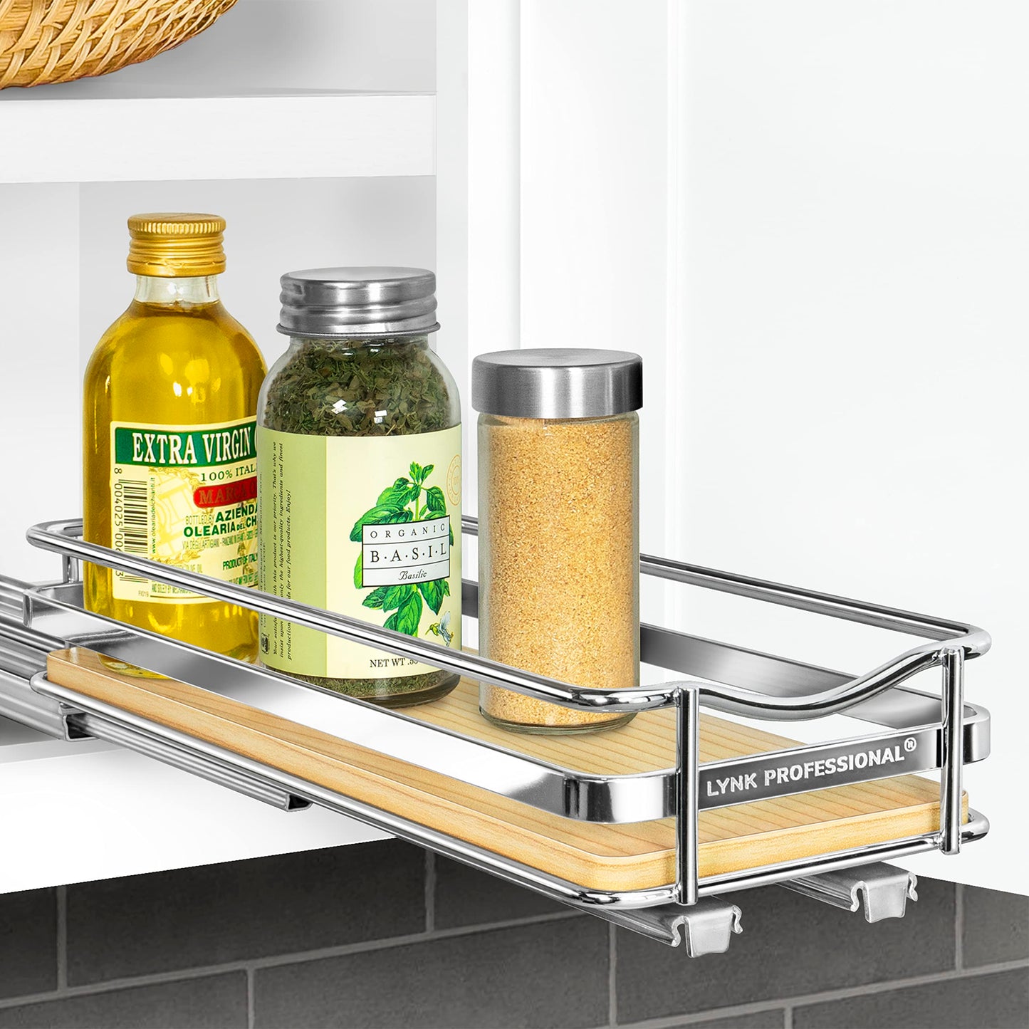 LYNK PROFESSIONAL® Pull Out Spice Rack Organizer for Inside Kitchen Cabinets - 4-1/4 inch Wide - Slide Out Drawer – Chrome Sliding Spice Cabinet Organization Shelf Racks - 2 Tier
