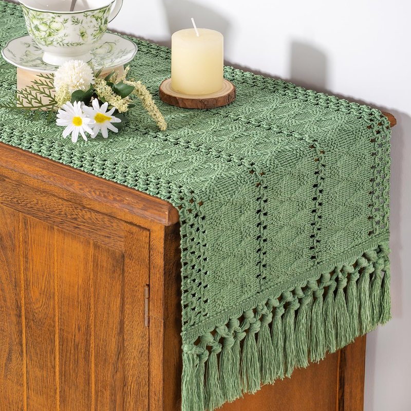 Socomi Boho Table Runner Summer Farmhouse Rustic Dining Kitchen Centerpiece Decor Small Macrame Woven Cotton Linen Coffee Table Runner for Dresser Scarf Home Decor Sage Green 12x48 inch