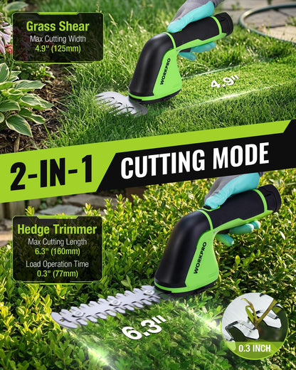 WORKPRO 12V Cordless Grass Shear, 2-in-1 Electric Hedge Trimmer & Grass Cutter, with 2.0Ah Rechargeable Battery, 1-Hour Fast Charger, Lightweight Handheld Bush Trimmer for Lawn and Garden