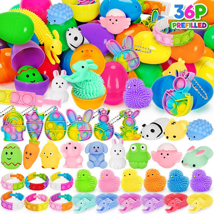 Jyusmile 36 Pack Prefilled Easter Eggs with Toys, Plastic Easter Eggs with Assorted Toys Inside, Surprise Eggs for Easter Hunt, Easter Basket Stuffers, Party Favors Bulk for Kids Boys Girls