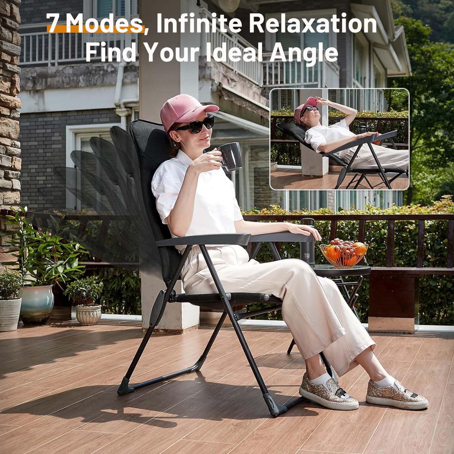TIMBER RIDGE 7-Level Reclining Camping Chair, Adjustable Folding Patio Chair with High Back for Adults, Lightweight Aluminum Padded Lawn Chair for Outside, Heavy Duty Supports 300 LBS, Black-1 Pack