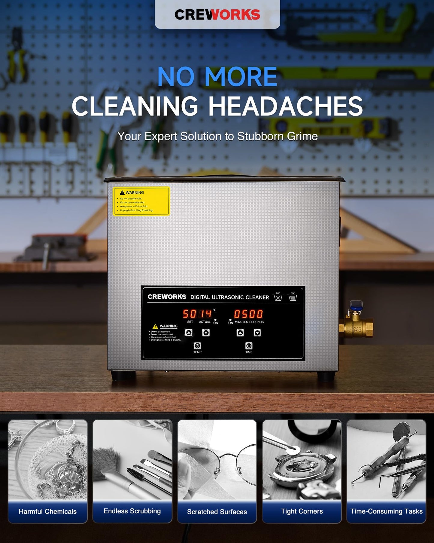 CREWORKS Ultrasound Cleaner with Heater and Timer, 1.6 gal Digital Sonic Cleaning Machine, 180W 6L Stainless Steel Jewelry Cleaner for Professional Tool Glasses Watch Retainer Denture Parts Cleaning