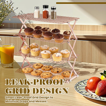 BEWOS 4 Tier Collapsible Cooling Rack - Adjustable Stainless Steel Baking Rack with Mesh Leak Proof，Foldable X-Shaped Structure Cooling Racks for Cooking and Baking, Dishwasher Safe（ Rose Gold）