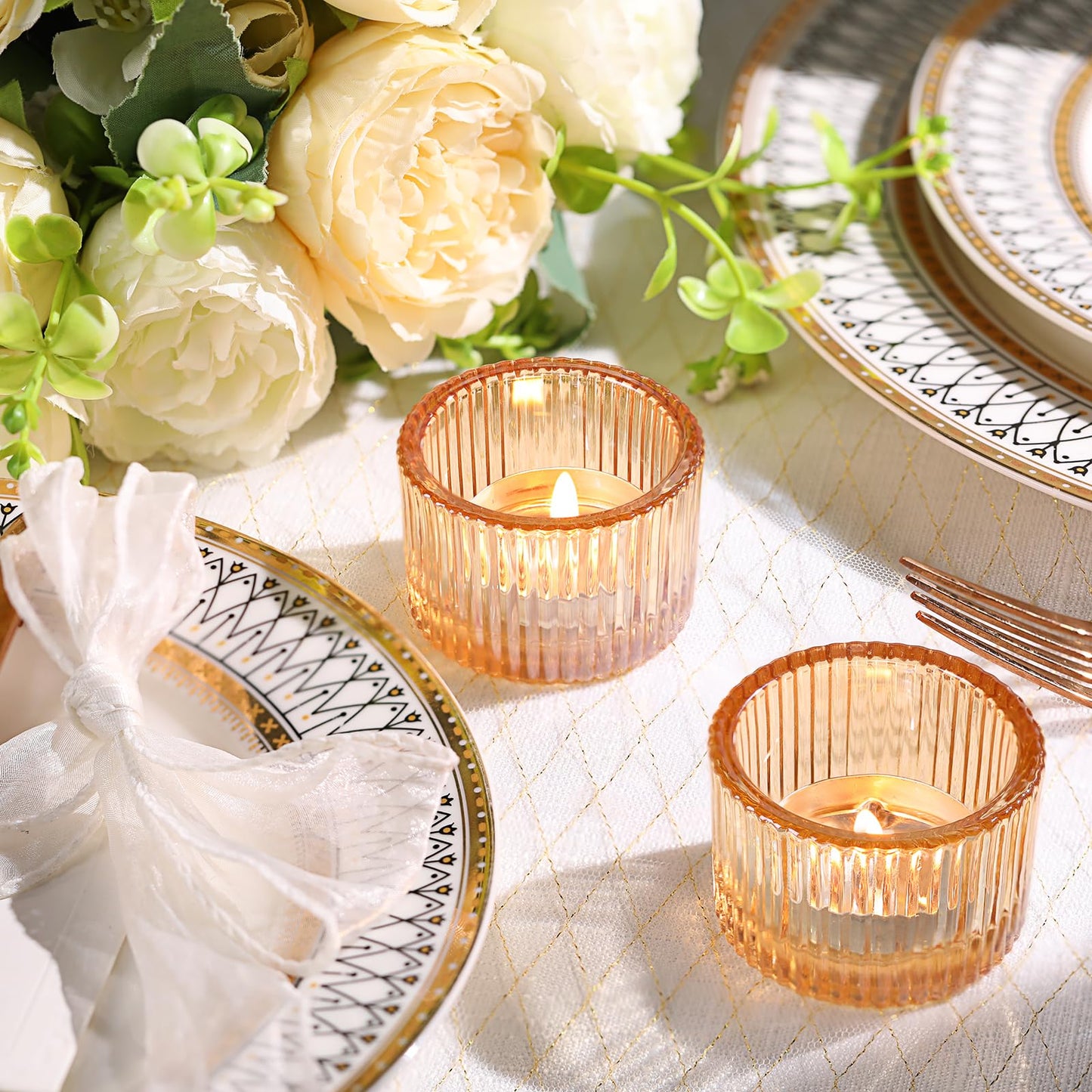 Lanttu Tealight Candle Holder Set of 12, Gold Small Votive Candle Holders for Table Centerpiece, Glass Tea Light Candles Holder for Party & Home, Wedding Decor (2'' Dia x 1.4'' H)
