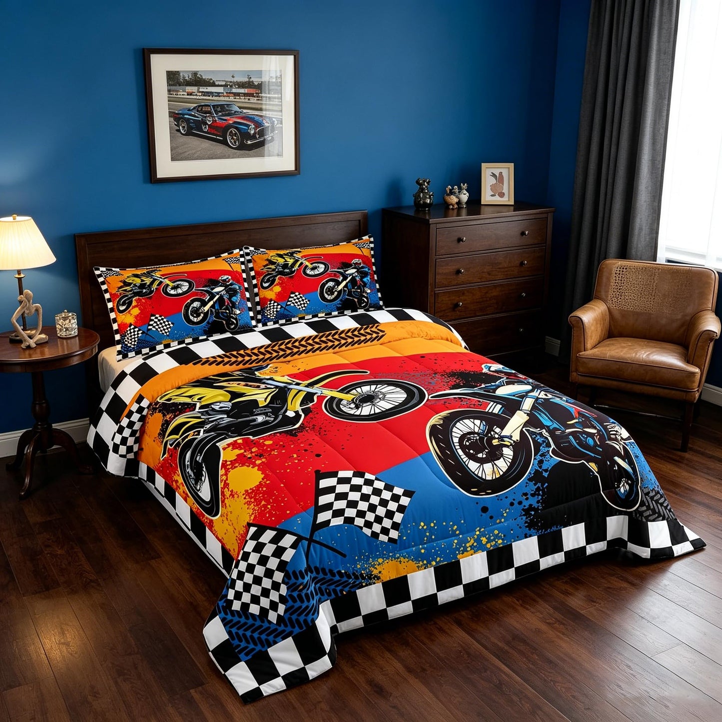 Feelyou Boys Dirt Bike Comforter Set Twin,Motocross Rider Bedding Set,Black White Buffalo Plaid Duvet,Cool Sport Car Quilted Comforter Motorcycle Bedding for Kids Teens Bedroom Decor