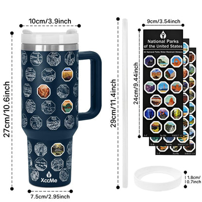 XccMe 63 National Parks Water Bottle with Stickers,40 oz Tumbler with Handle and Straw,2 Lids,40 oz Double Wall Insulated Tumbler,Stainless Steel Leak Proof Tumbler,Travel Coffee Mug (Blue)