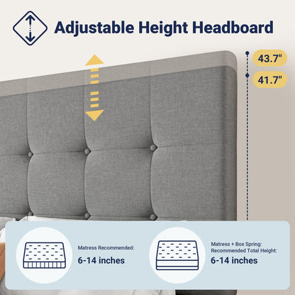 Allewie Upholstered King Size Platform Bed Frame with 4 Storage Drawers and Headboard, Square Stitched Button Tufted, Mattress Foundation with Wooden Slats Support, No Box Spring Needed, Light Grey